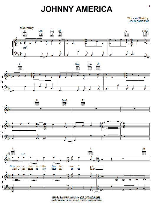Preview Five For Fighting Johnny America Pop sheet music, notes and chords for Piano, Vocal & Guitar (Right-Hand Melody), SKU: 58637 Johnny America sheet music