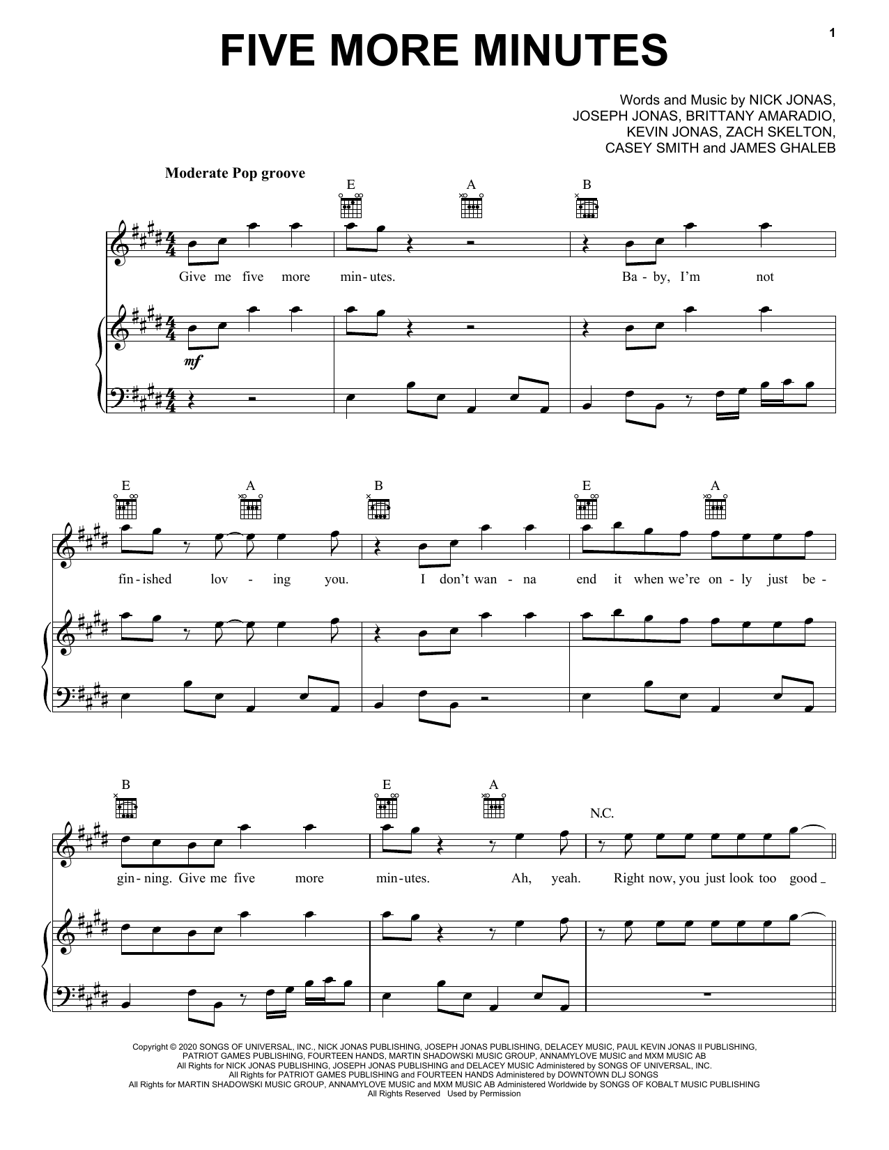 Preview Jonas Brothers Five More Minutes Pop sheet music, notes and chords for Piano, Vocal & Guitar (Right-Hand Melody), SKU: 449797 sheet music, piano notes, chords, guitar tabs, score, transpose, transcribe, how to play, guide, download, learn, tutorial, progression, song, artist, awards, billboard, mtv, vh1, tour, single, album, release