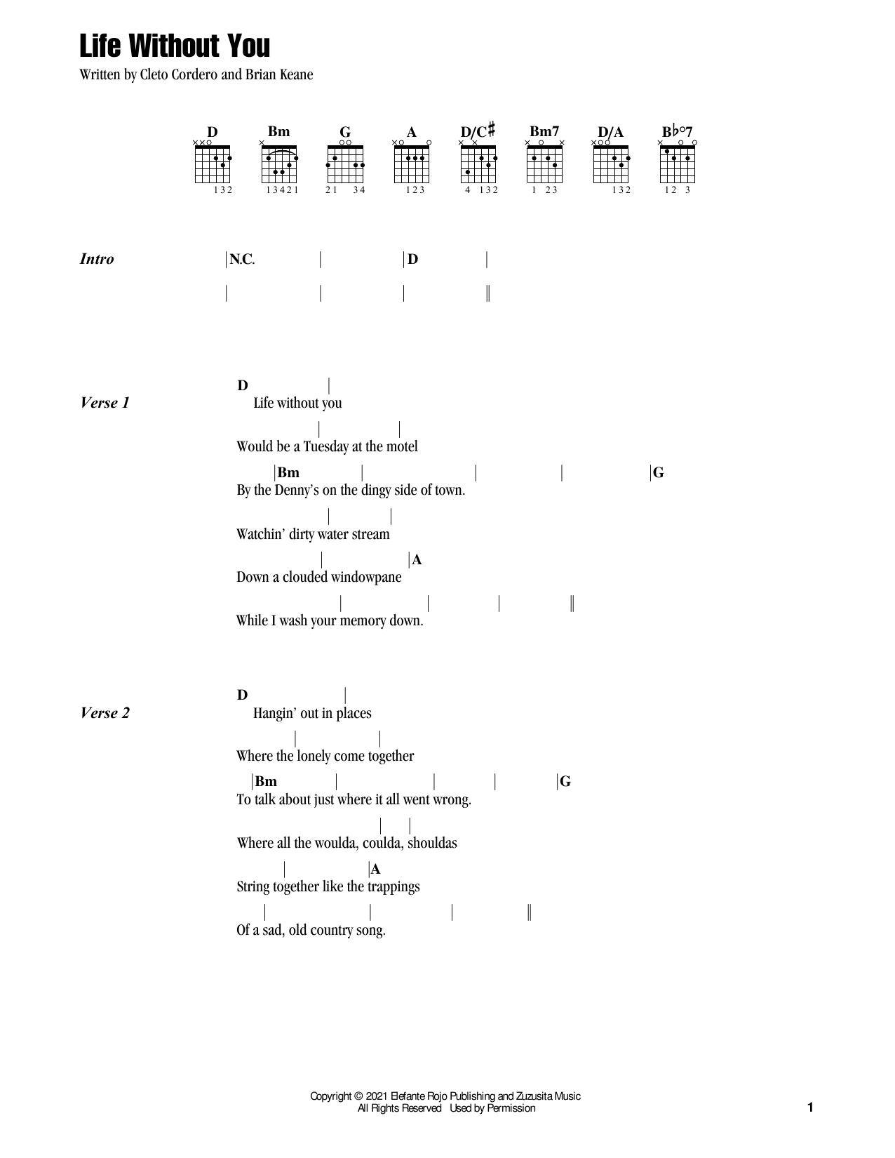 Flatland Cavalry Life Without You Sheet Music Notes & Chords for Guitar Chords/Lyrics - Download or Print PDF