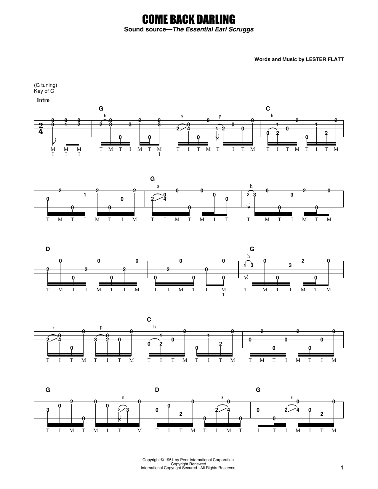 Flatt & Scruggs Come Back Darling Sheet Music Notes & Chords for Banjo Tab - Download or Print PDF