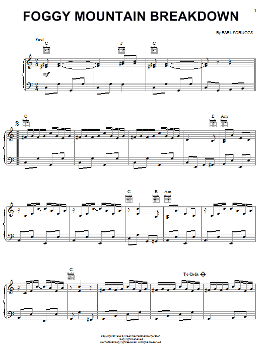 Flatt & Scruggs Foggy Mountain Breakdown Sheet Music Notes & Chords for Piano, Vocal & Guitar (Right-Hand Melody) - Download or Print PDF