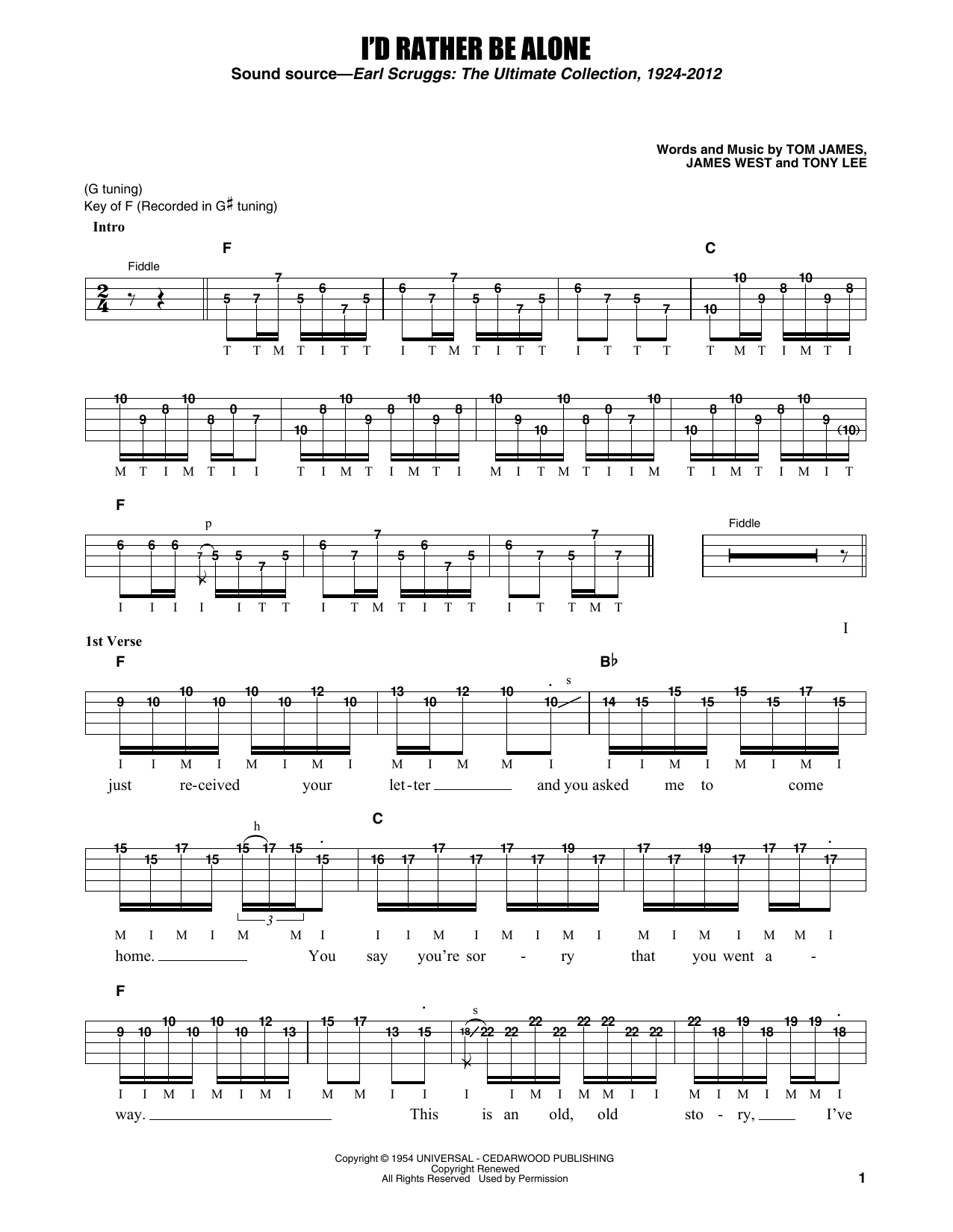 Flatt & Scruggs I'd Rather Be Alone Sheet Music Notes & Chords for Banjo Tab - Download or Print PDF