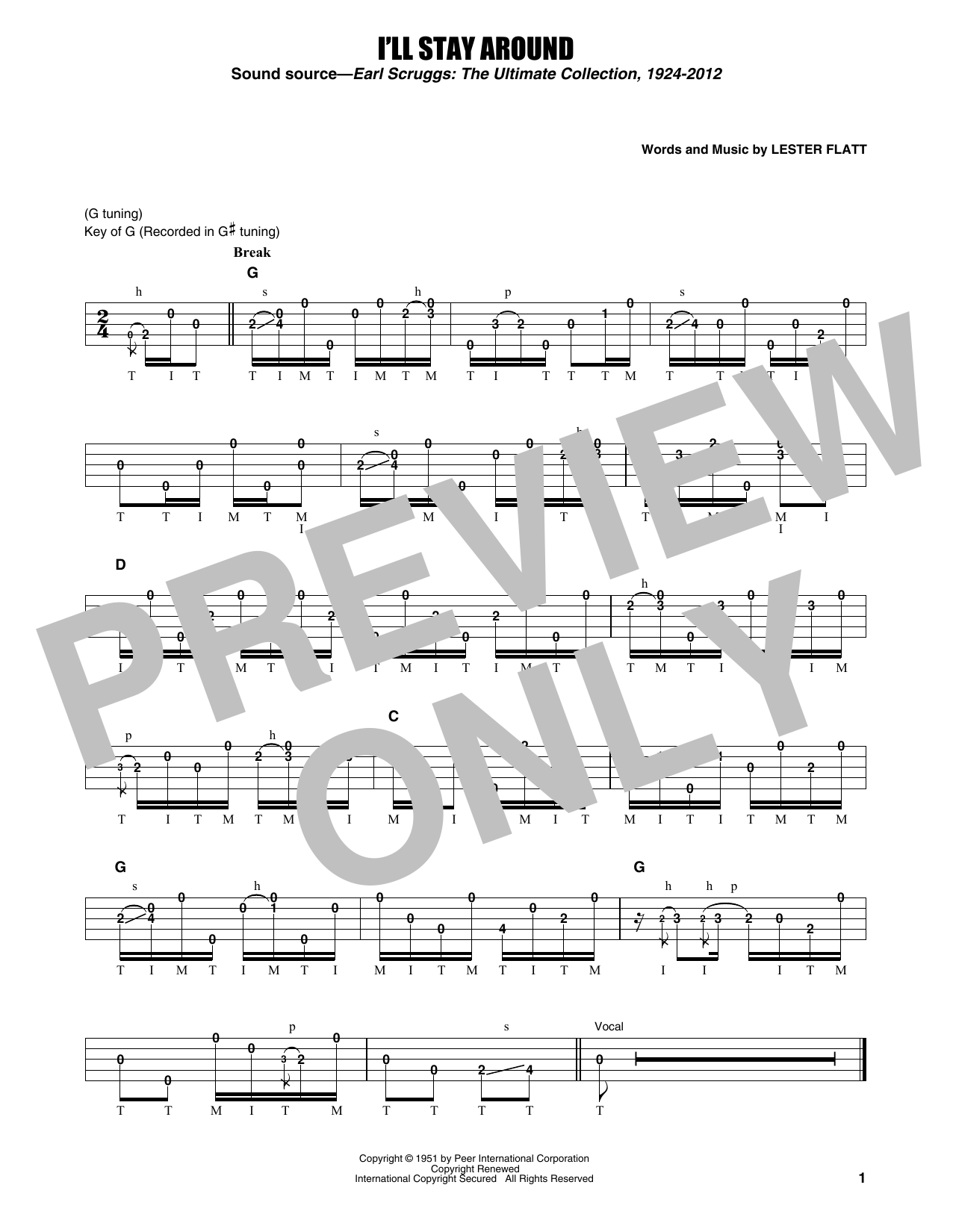 Flatt & Scruggs I'll Stay Around Sheet Music Notes & Chords for Banjo Tab - Download or Print PDF