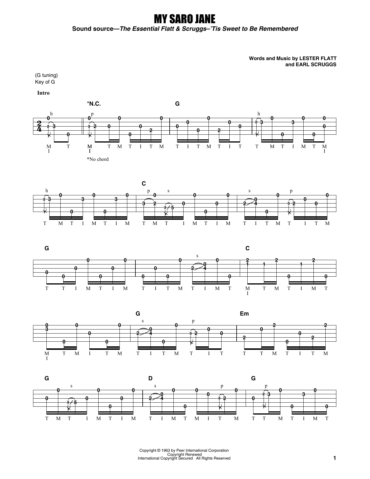 Flatt & Scruggs My Saro Jane Sheet Music Notes & Chords for Banjo Tab - Download or Print PDF