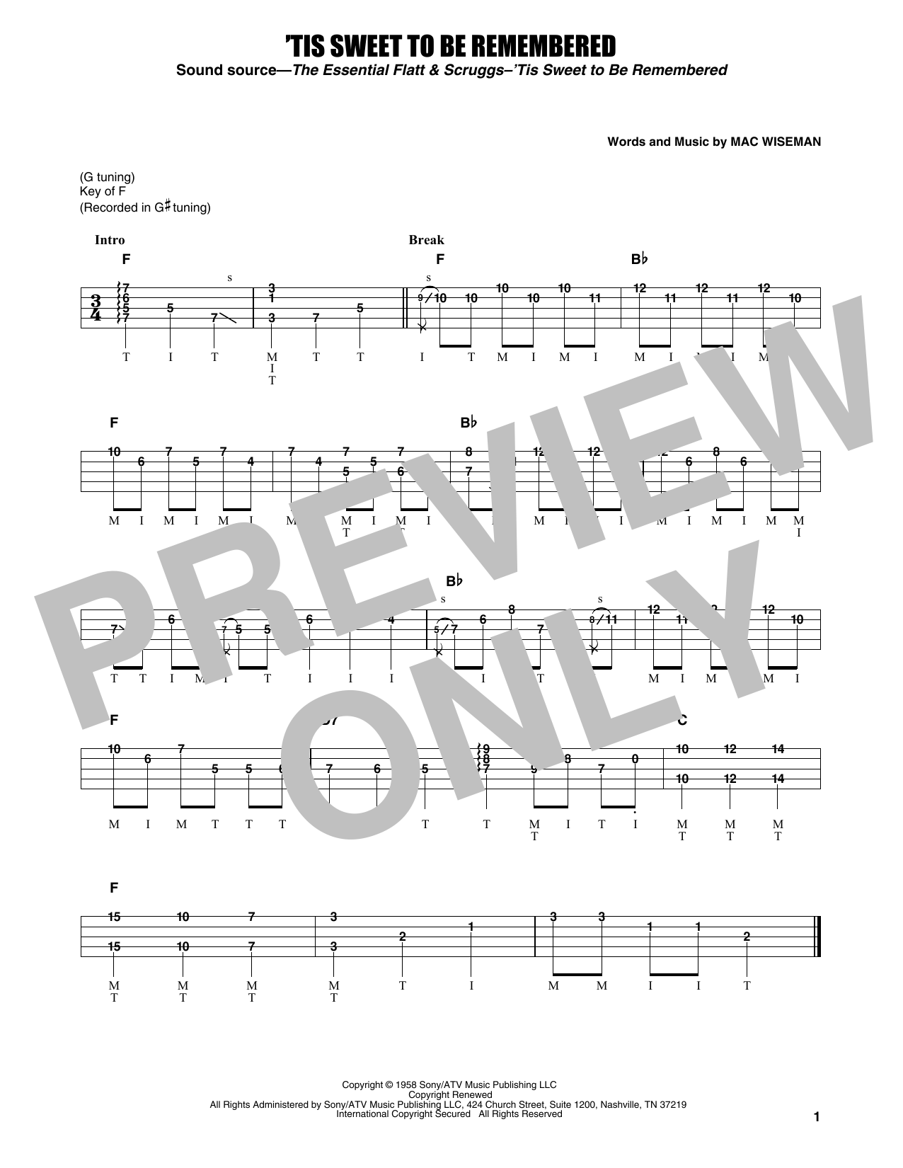 Flatt & Scruggs 'Tis Sweet To Be Remembered Sheet Music Notes & Chords for Banjo Tab - Download or Print PDF