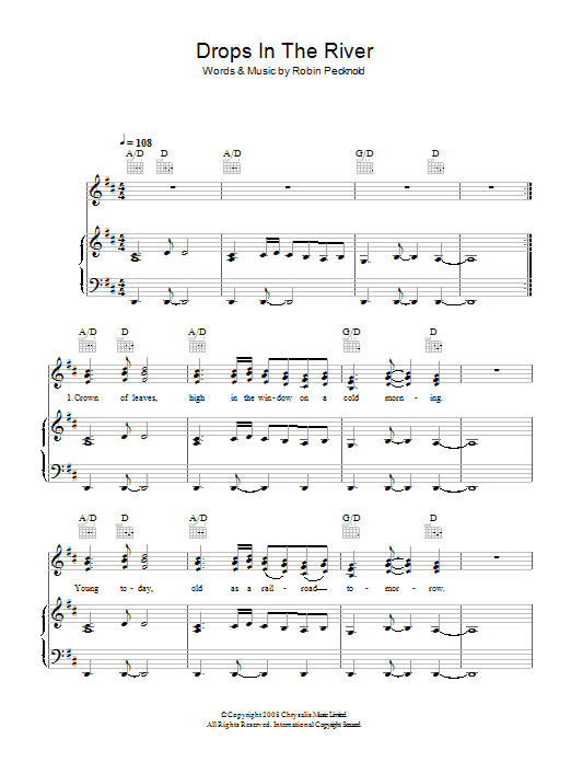 Fleet Foxes Drops In The River Sheet Music Notes & Chords for Piano, Vocal & Guitar - Download or Print PDF