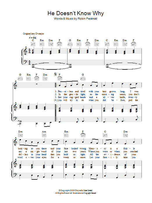 Fleet Foxes He Doesn't Know Why Sheet Music Notes & Chords for Piano, Vocal & Guitar (Right-Hand Melody) - Download or Print PDF
