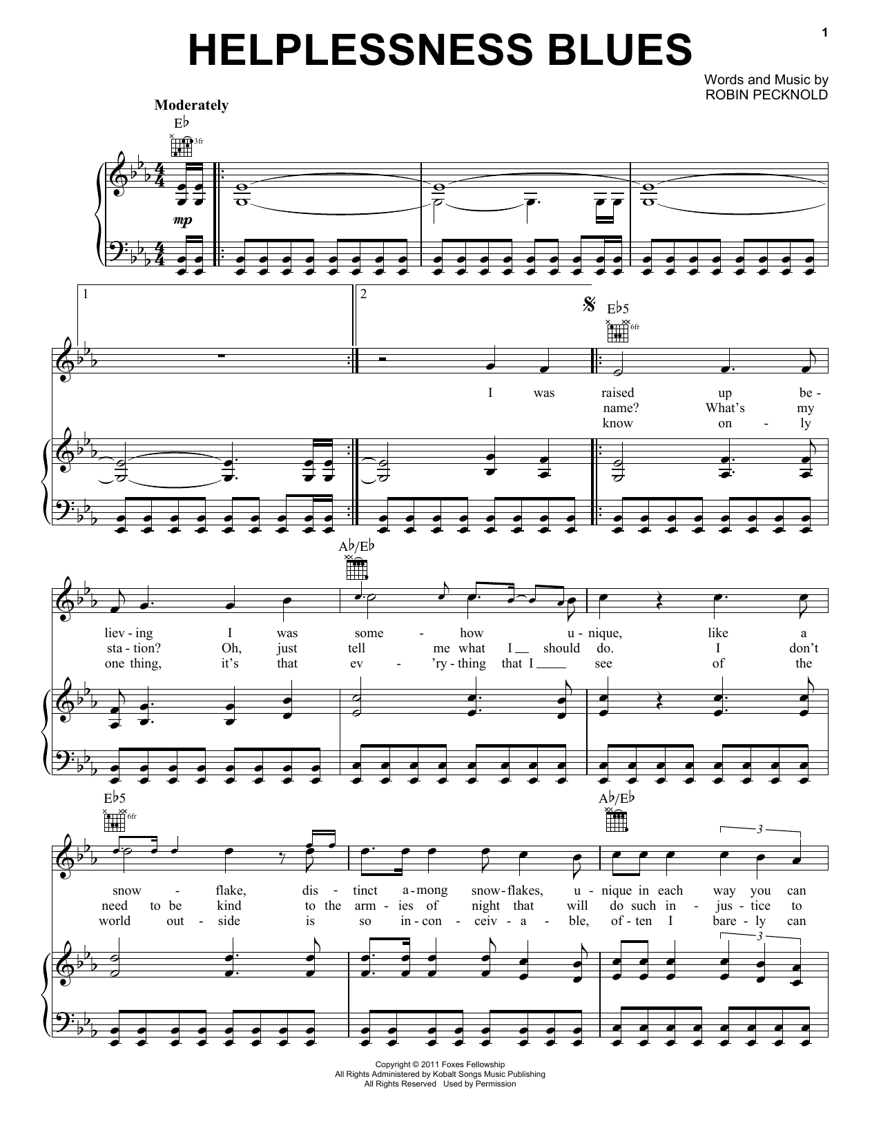 Fleet Foxes Helplessness Blues Sheet Music Notes & Chords for Piano, Vocal & Guitar (Right-Hand Melody) - Download or Print PDF