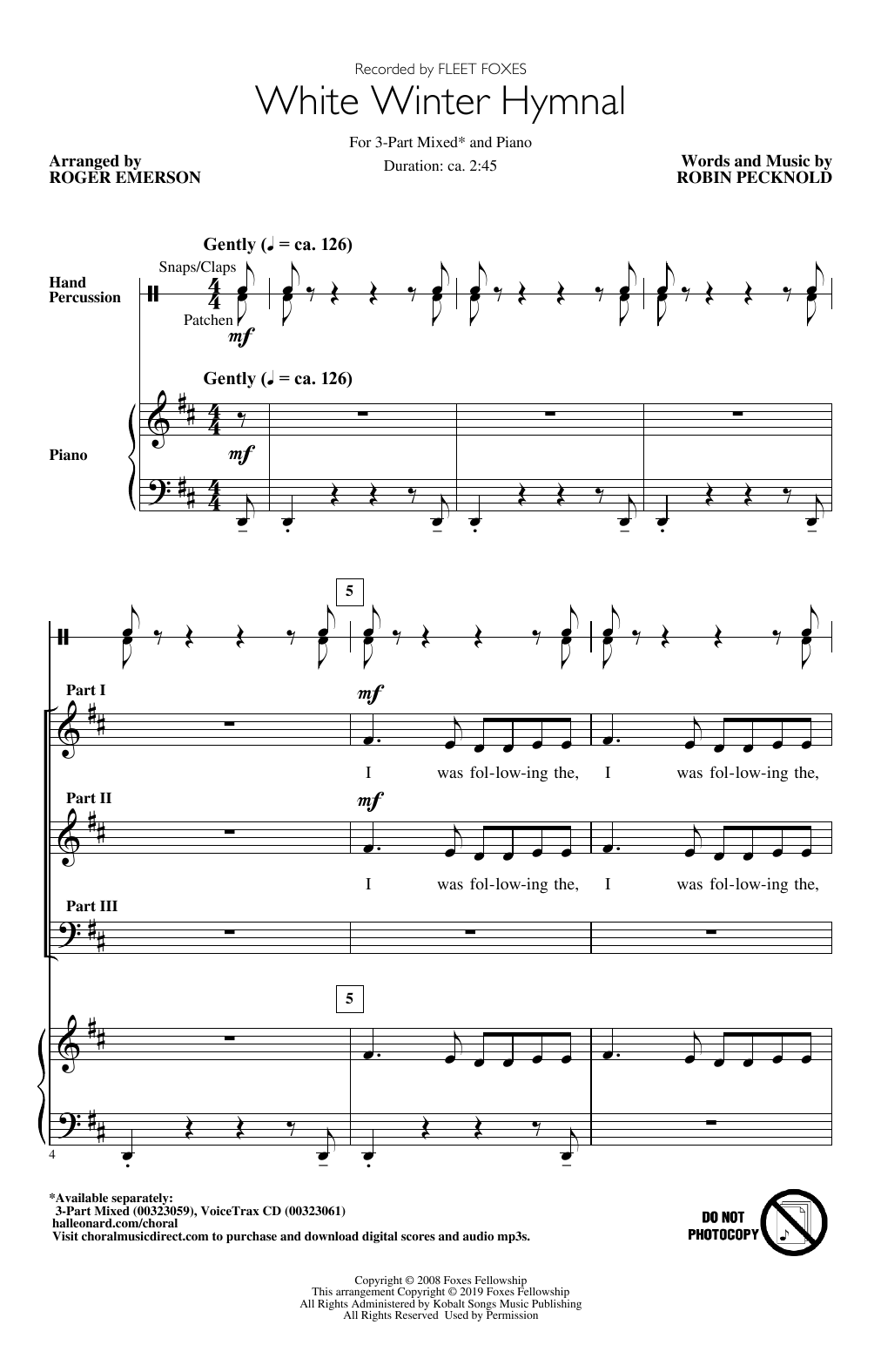 Fleet Foxes White Winter Hymnal (arr. Roger Emerson) Sheet Music Notes & Chords for 3-Part Mixed Choir - Download or Print PDF