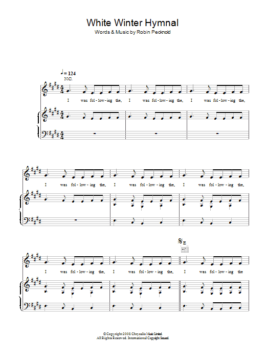 Fleet Foxes White Winter Hymnal Sheet Music Notes & Chords for Piano, Vocal & Guitar (Right-Hand Melody) - Download or Print PDF