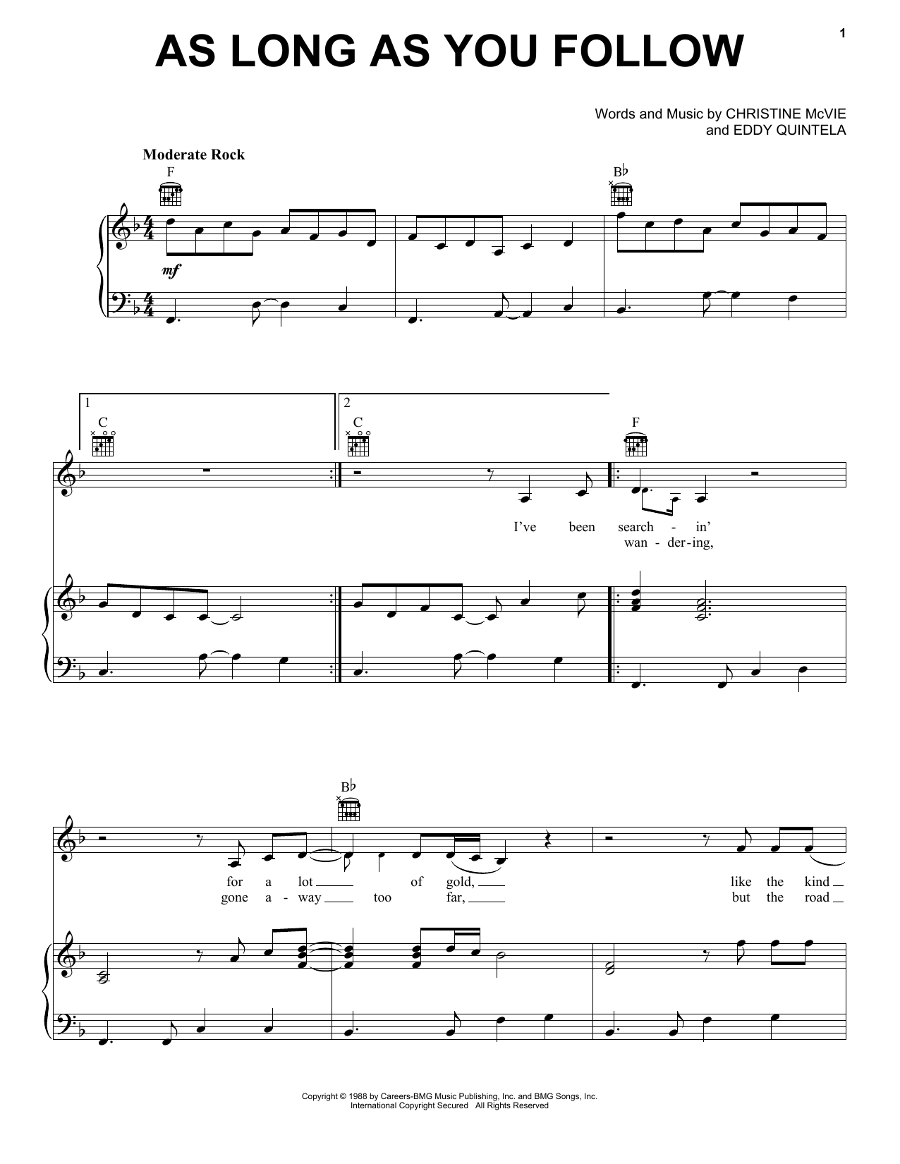 Fleetwood Mac As Long As You Follow Sheet Music Notes & Chords for Piano, Vocal & Guitar (Right-Hand Melody) - Download or Print PDF