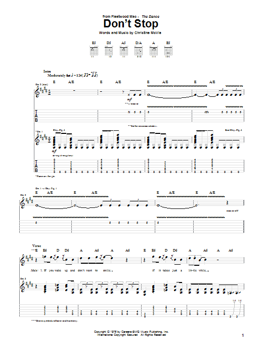 Fleetwood Mac Don't Stop Sheet Music Notes & Chords for Easy Guitar Tab - Download or Print PDF