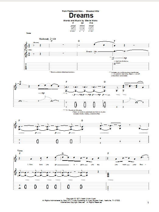 Fleetwood Mac Dreams Sheet Music Notes & Chords for Guitar Tab - Download or Print PDF