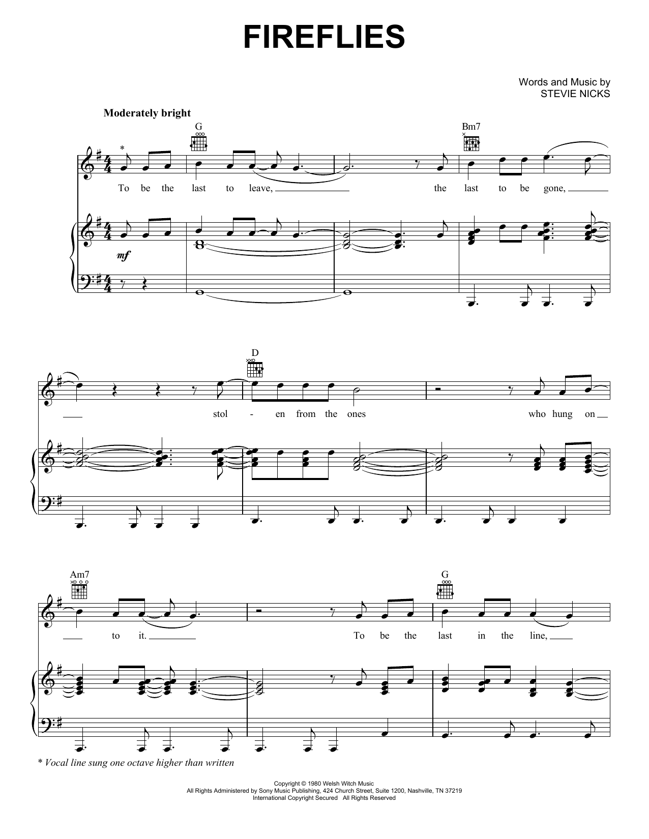 Fleetwood Mac Fireflies Sheet Music Notes & Chords for Piano, Vocal & Guitar Chords (Right-Hand Melody) - Download or Print PDF