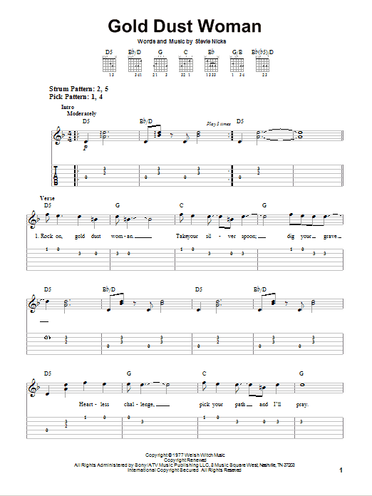 Fleetwood Mac Gold Dust Woman Sheet Music Notes & Chords for Easy Guitar with TAB - Download or Print PDF
