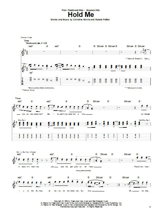 Fleetwood Mac Hold Me Sheet Music Notes & Chords for Easy Guitar Tab - Download or Print PDF