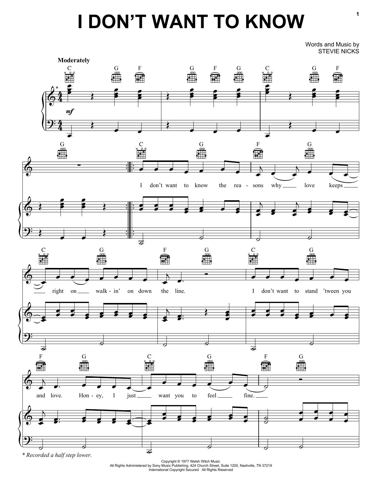 Fleetwood Mac I Don't Want To Know Sheet Music Notes & Chords for Piano, Vocal & Guitar Chords (Right-Hand Melody) - Download or Print PDF