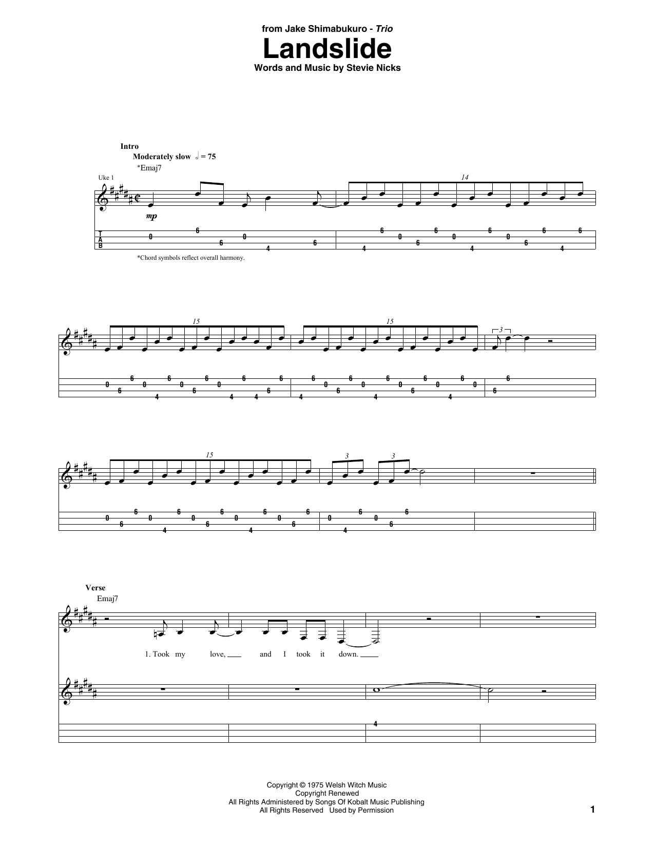 Fleetwood Mac Landslide (arr. Jake Shimabukuro Trio) Sheet Music Notes & Chords for Ukulele Tab - Download or Print PDF