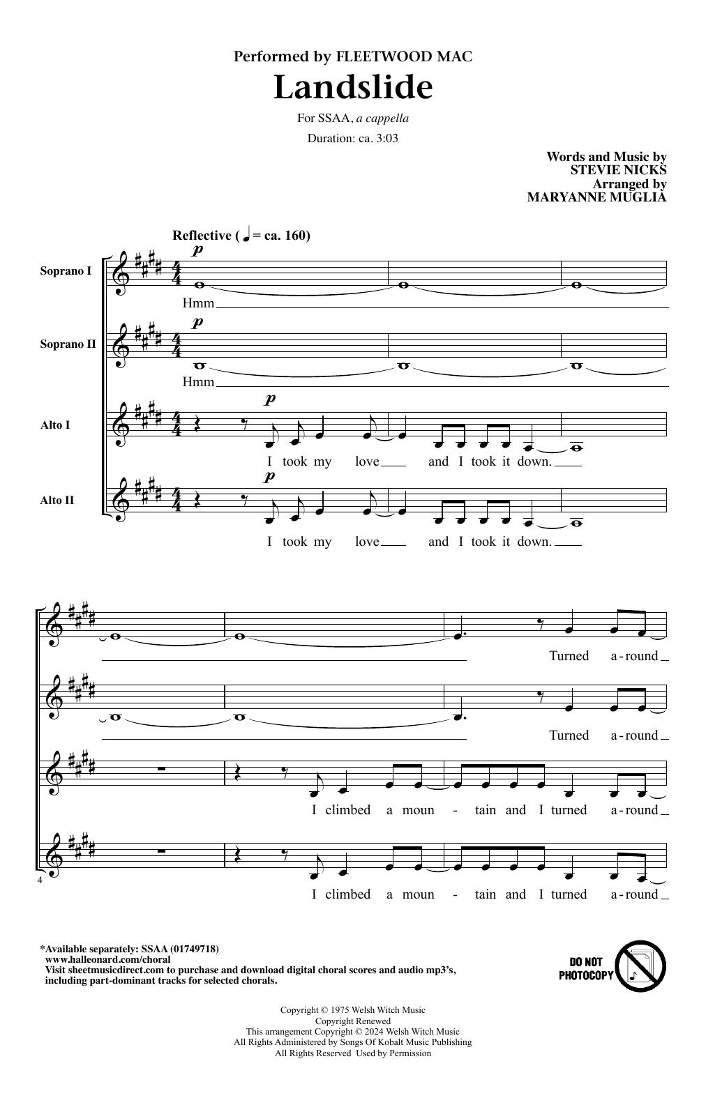 Fleetwood Mac Landslide (arr. MaryAnne Muglia) Sheet Music Notes & Chords for SSAA Choir - Download or Print PDF