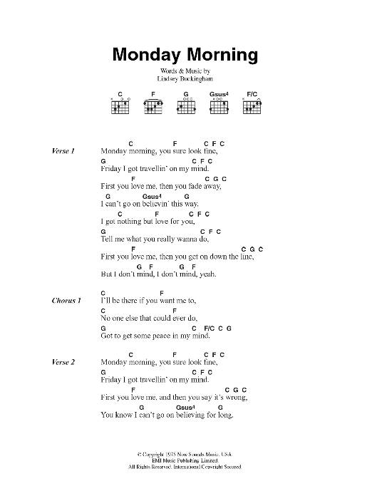 Fleetwood Mac Monday Morning Sheet Music Notes & Chords for Lyrics & Chords - Download or Print PDF