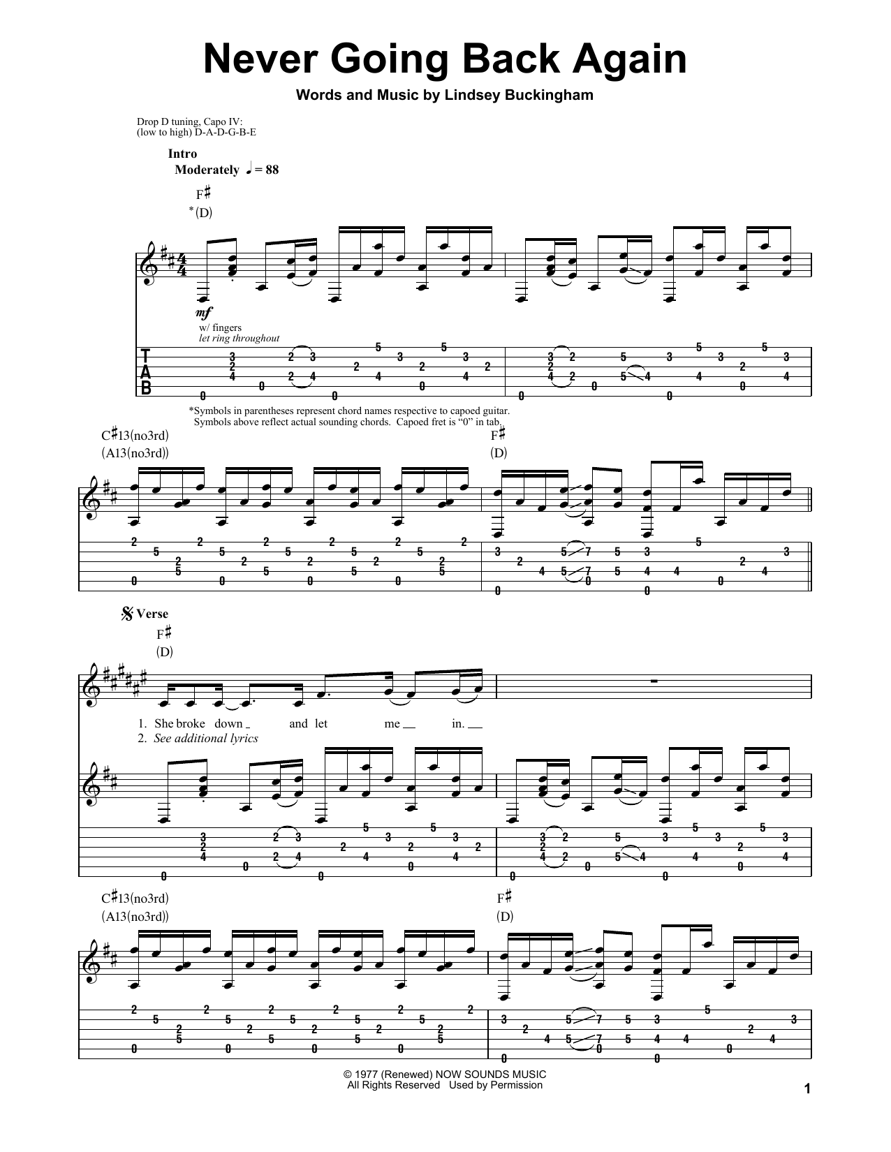 Fleetwood Mac Never Going Back Again Sheet Music Notes & Chords for Guitar Tab Play-Along - Download or Print PDF