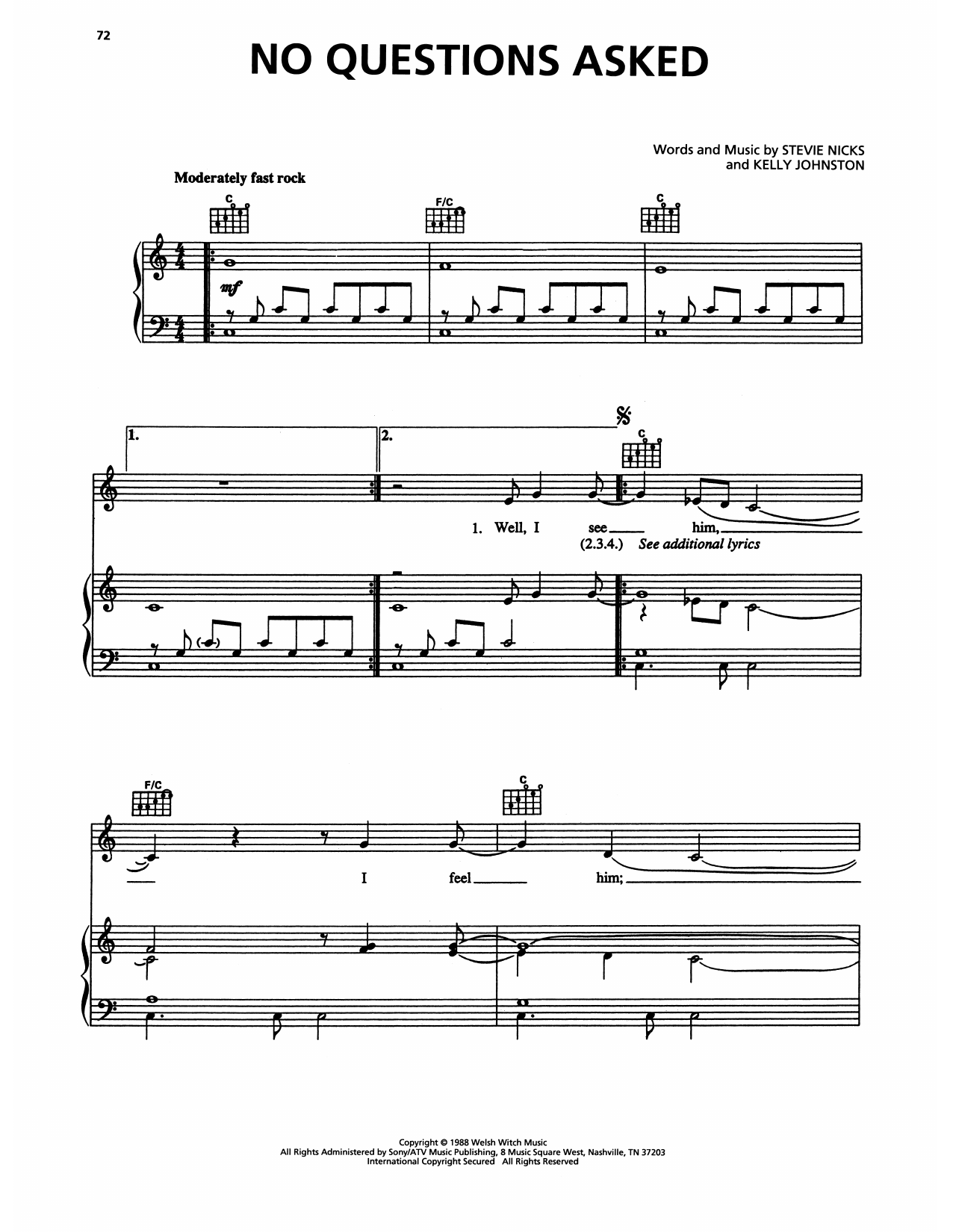 Fleetwood Mac No Questions Asked Sheet Music Notes & Chords for Piano, Vocal & Guitar Chords (Right-Hand Melody) - Download or Print PDF