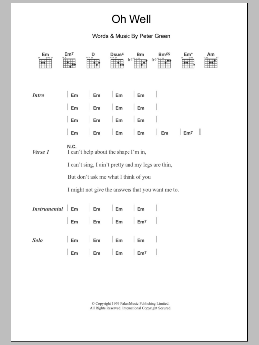 Fleetwood Mac Oh Well Sheet Music Notes & Chords for Lyrics & Chords - Download or Print PDF