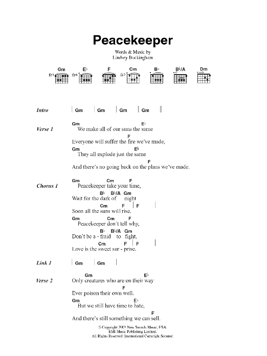 Fleetwood Mac Peacekeeper Sheet Music Notes & Chords for Lyrics & Chords - Download or Print PDF