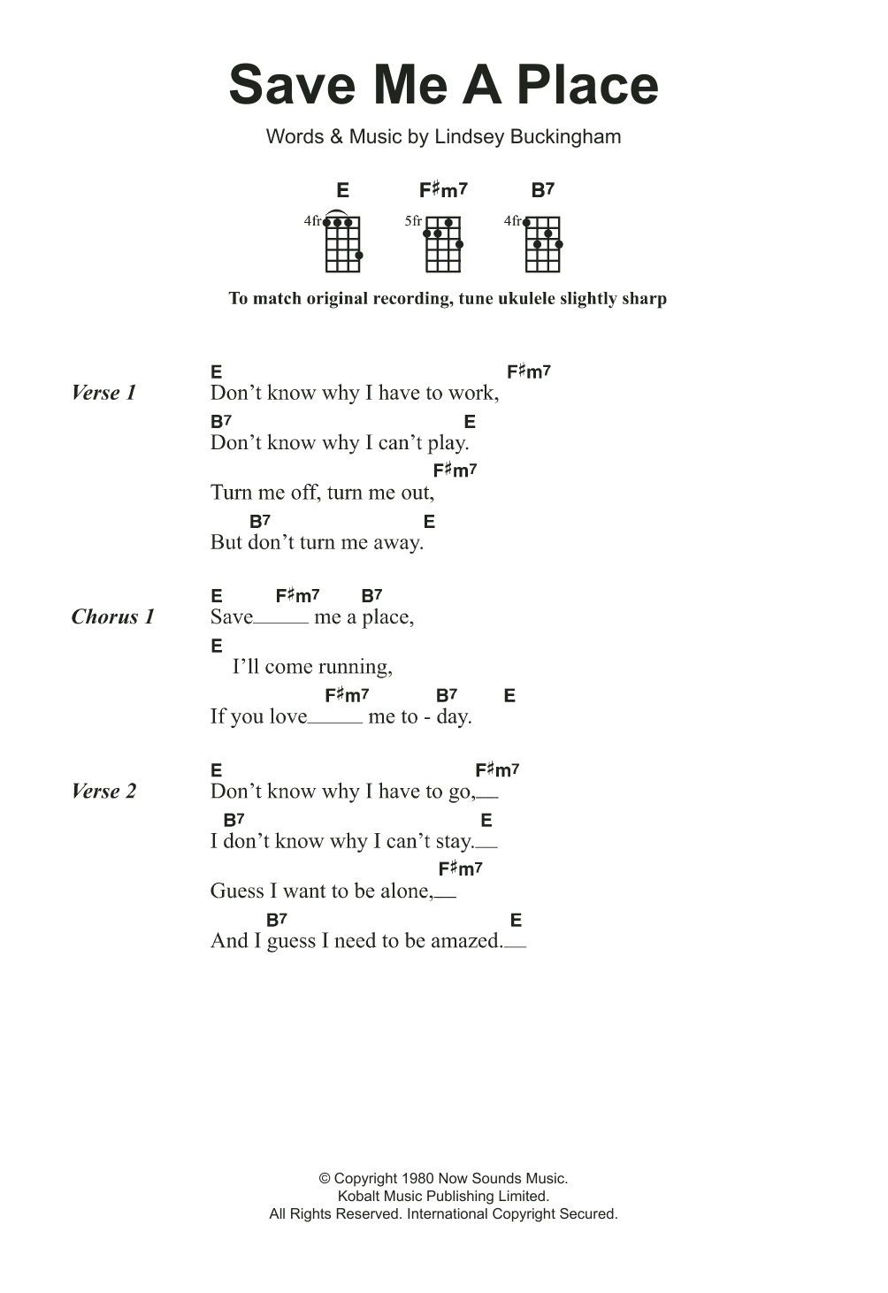 Fleetwood Mac Save Me A Place Sheet Music Notes & Chords for Ukulele - Download or Print PDF