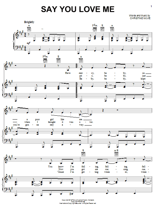 Fleetwood Mac Say You Love Me Sheet Music Notes & Chords for Piano, Vocal & Guitar (Right-Hand Melody) - Download or Print PDF