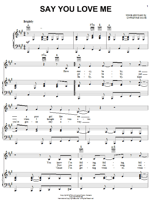 Fleetwood Mac Say You Love Me Sheet Music Notes & Chords for Lyrics & Chords - Download or Print PDF
