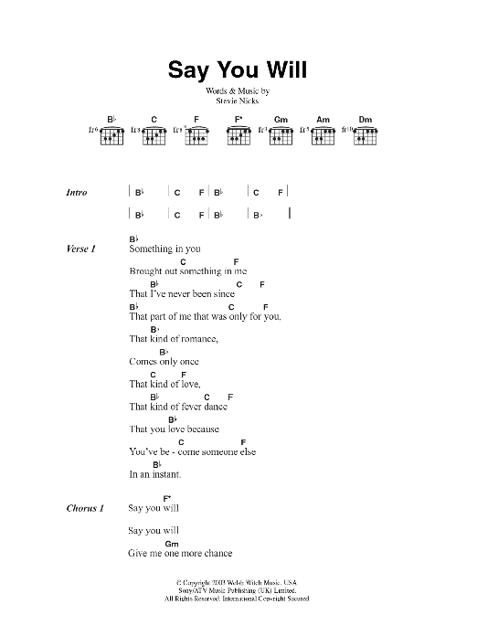 Fleetwood Mac Say You Will Sheet Music Notes & Chords for Lyrics & Chords - Download or Print PDF