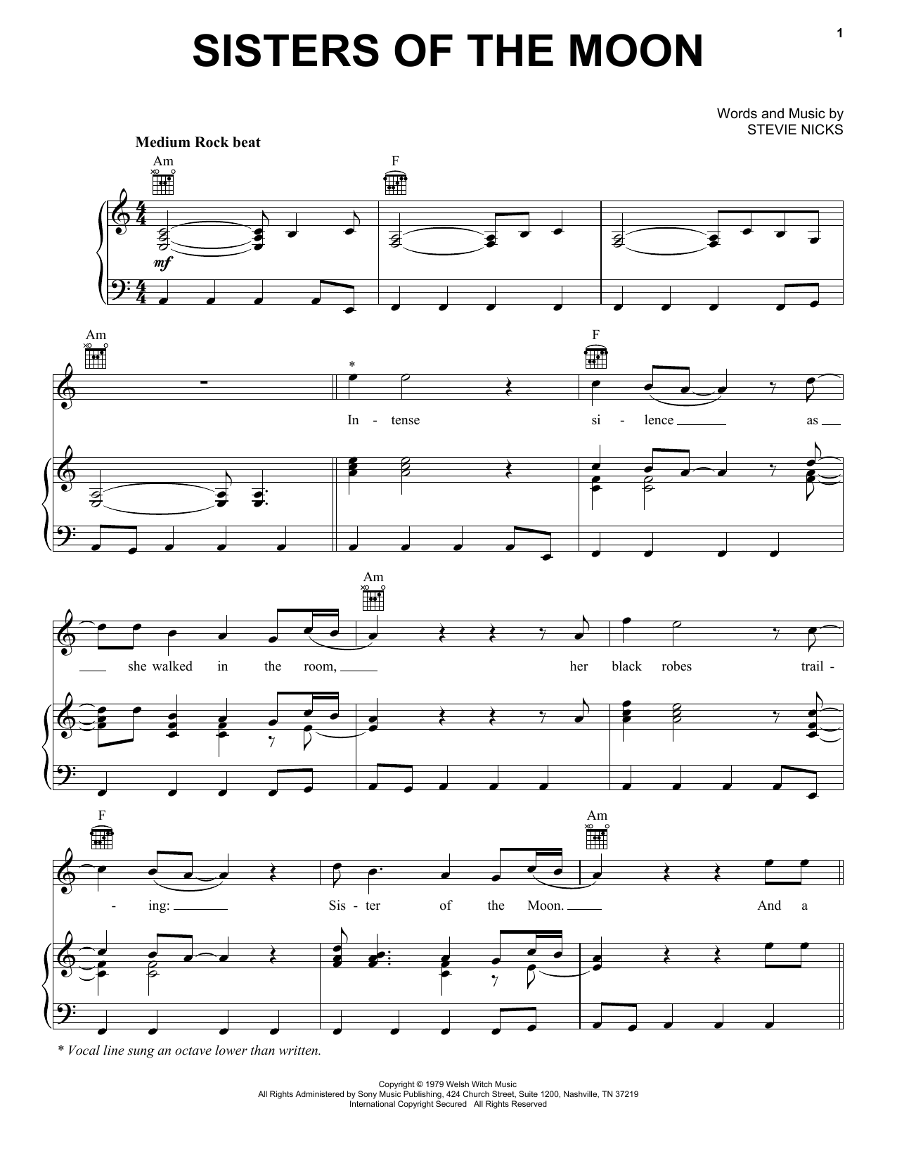 Fleetwood Mac Sisters Of The Moon Sheet Music Notes & Chords for Piano, Vocal & Guitar Chords (Right-Hand Melody) - Download or Print PDF