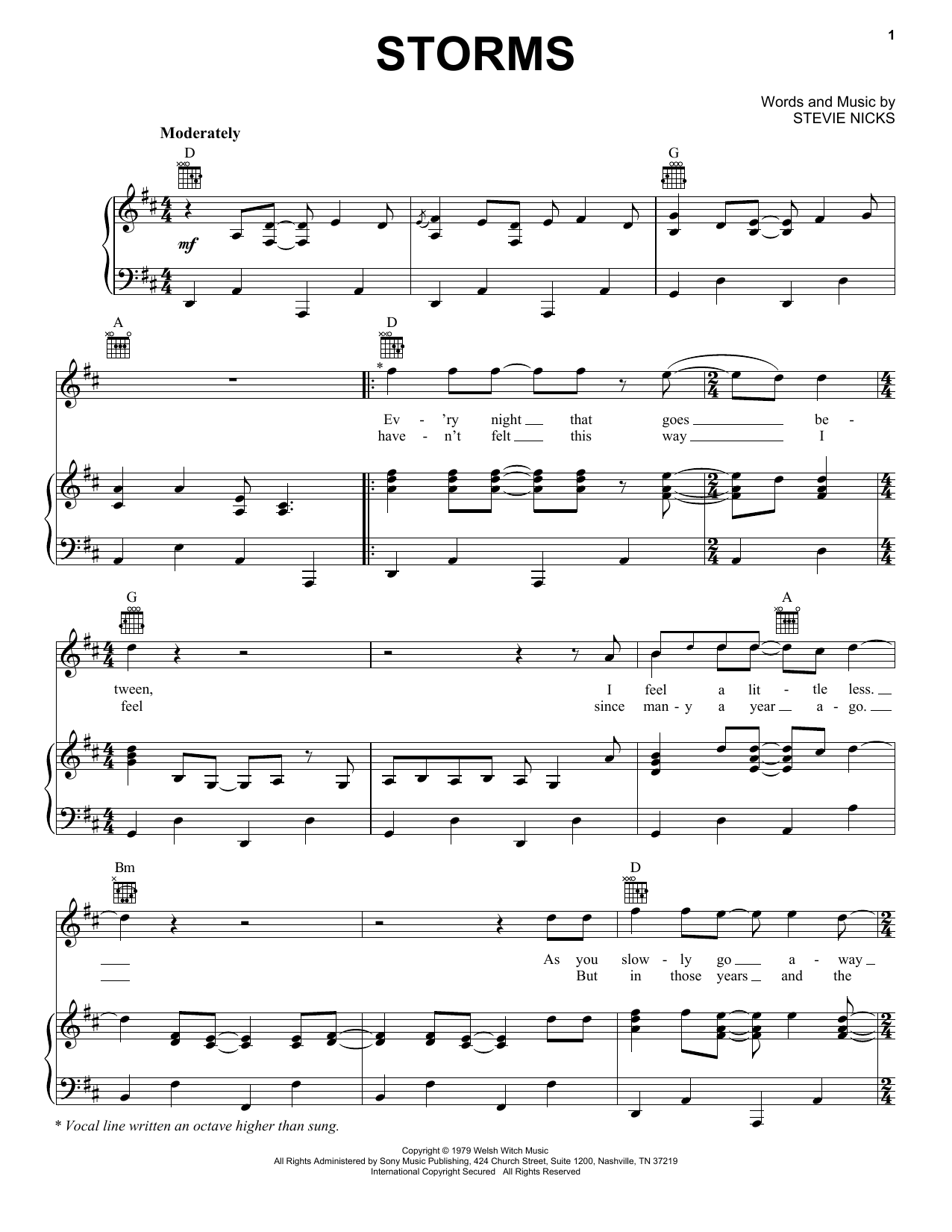 Fleetwood Mac Storms Sheet Music Notes & Chords for Piano, Vocal & Guitar Chords (Right-Hand Melody) - Download or Print PDF