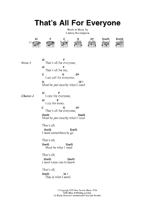 Fleetwood Mac That's All For Everyone Sheet Music Notes & Chords for Lyrics & Chords - Download or Print PDF Fleetwood Mac That's All For Everyone Sheet Music Notes & Chords for Lyrics & Chords - Download or Print PDF