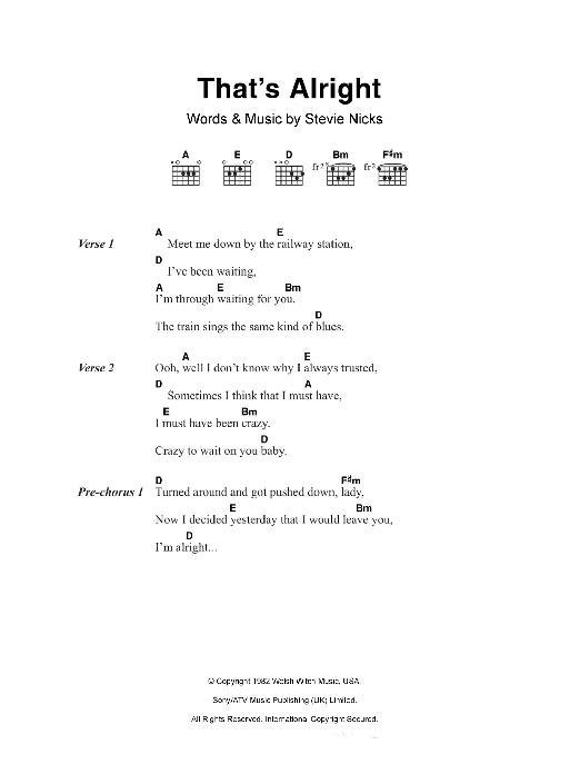 Fleetwood Mac That's Alright Sheet Music Notes & Chords for Lyrics & Chords - Download or Print PDF