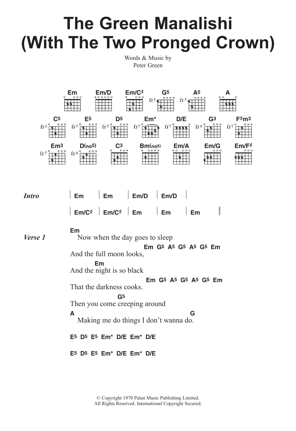 Fleetwood Mac The Green Manalishi (With The Two Pronged Crown) Sheet Music Notes & Chords for Lyrics & Chords - Download or Print PDF