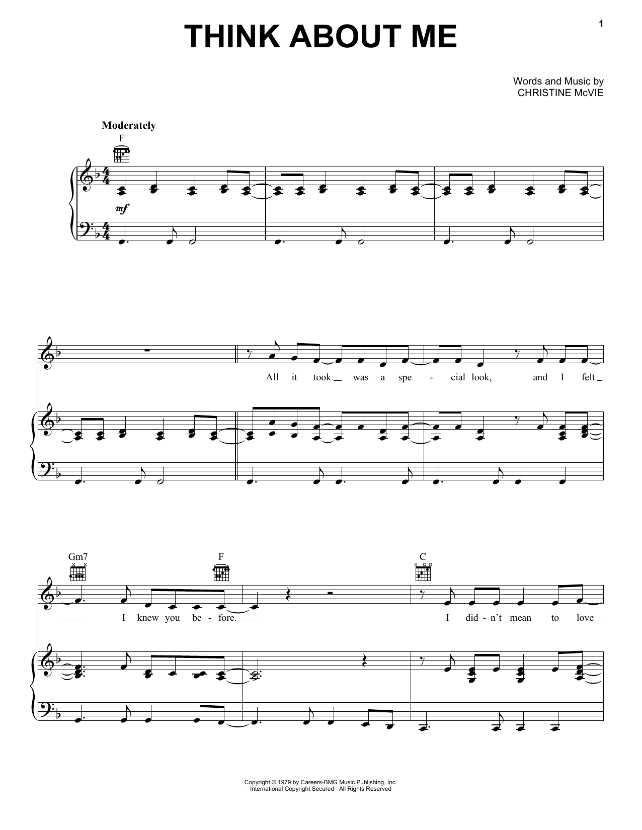 Fleetwood Mac Think About Me Sheet Music Notes & Chords for Piano, Vocal & Guitar Chords (Right-Hand Melody) - Download or Print PDF