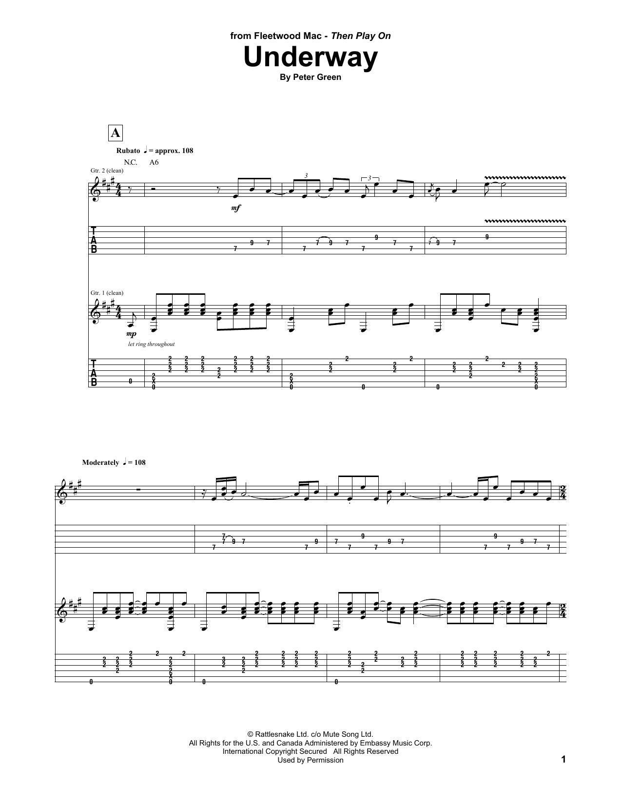 Fleetwood Mac Underway Sheet Music Notes & Chords for Guitar Tab - Download or Print PDF