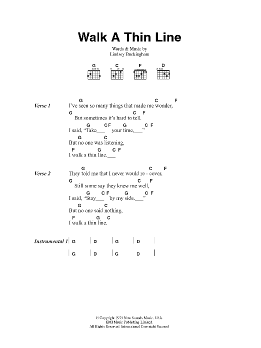 Fleetwood Mac Walk A Thin Line Sheet Music Notes & Chords for Lyrics & Chords - Download or Print PDF