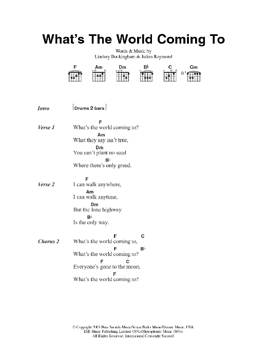 Fleetwood Mac What's The World Coming To Sheet Music Notes & Chords for Lyrics & Chords - Download or Print PDF