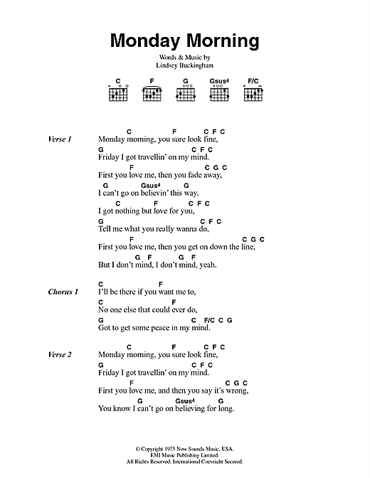Fleetwood Mac Monday Morning Sheet Music Notes & Chords for Lyrics & Chords - Download or Print PDF