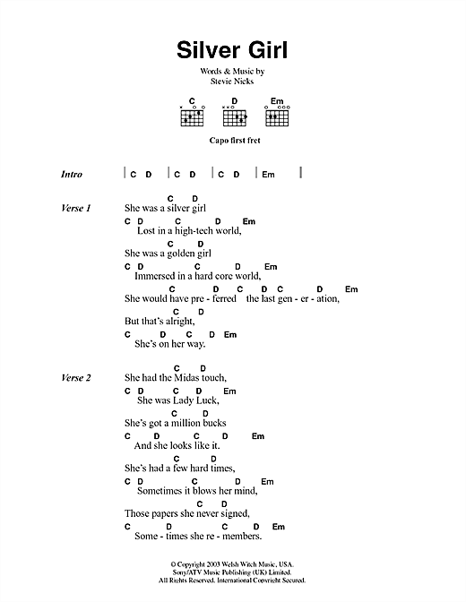 Fleetwood Mac Silver Girl Sheet Music Notes & Chords for Lyrics & Chords - Download or Print PDF