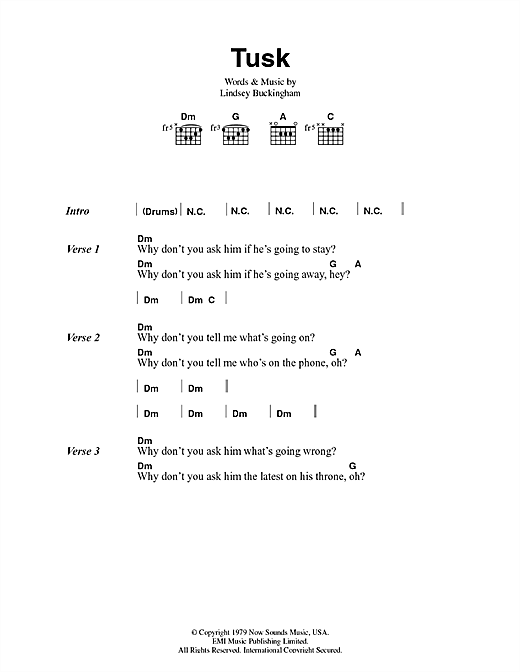 Fleetwood Mac Tusk Sheet Music Notes & Chords for Lyrics & Chords - Download or Print PDF