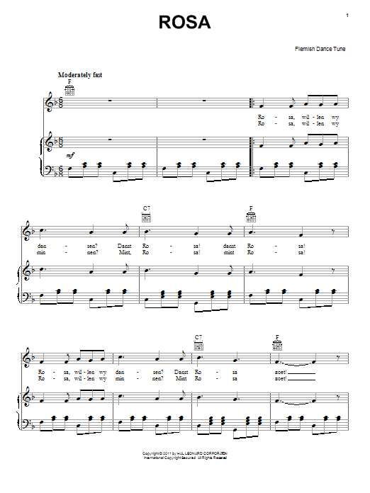 Flemish Dance Tune Rosa Sheet Music Notes & Chords for Piano, Vocal & Guitar (Right-Hand Melody) - Download or Print PDF