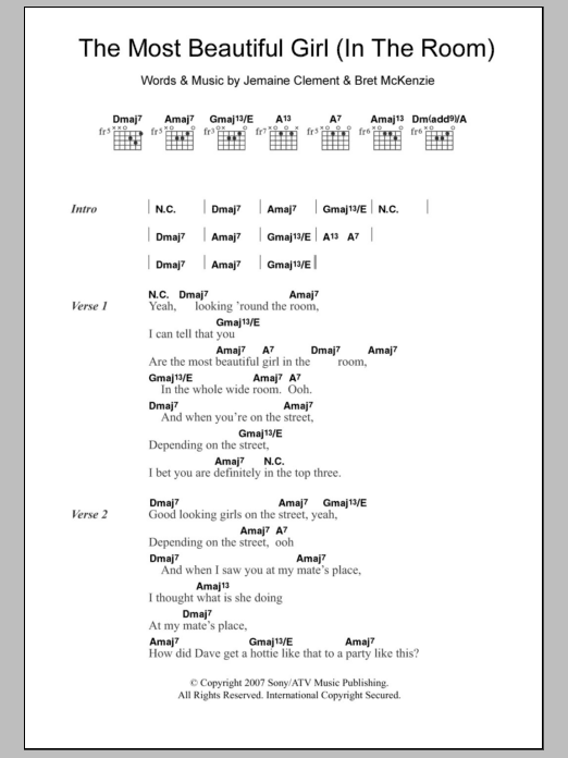 Flight Of The Conchords The Most Beautiful Girl (In The Room) Sheet Music Notes & Chords for Lyrics & Chords - Download or Print PDF