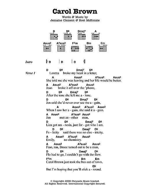 Flight Of The Conchords Carol Brown Sheet Music Notes & Chords for Lyrics & Chords - Download or Print PDF