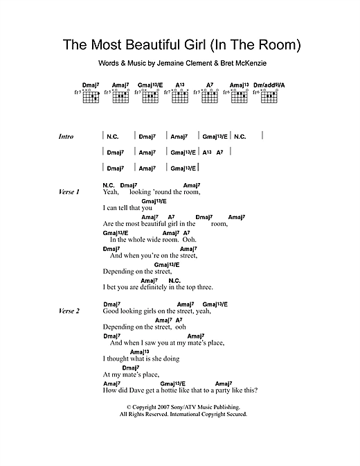 Flight Of The Conchords The Most Beautiful Girl (In The Room) Sheet Music Notes & Chords for Lyrics & Chords - Download or Print PDF