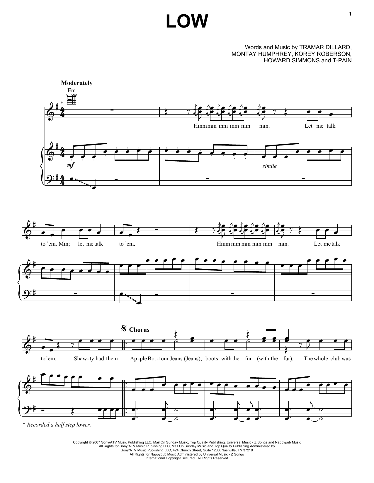 Flo Rida featuring T-Pain Low Sheet Music Notes & Chords for Piano, Vocal & Guitar (Right-Hand Melody) - Download or Print PDF