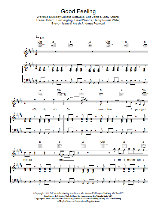 Flo Rida Good Feeling Sheet Music Notes & Chords for Piano, Vocal & Guitar - Download or Print PDF